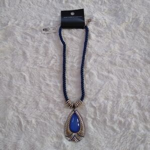 New York & Company Blue Rope Rhinestone Teardrop Necklace